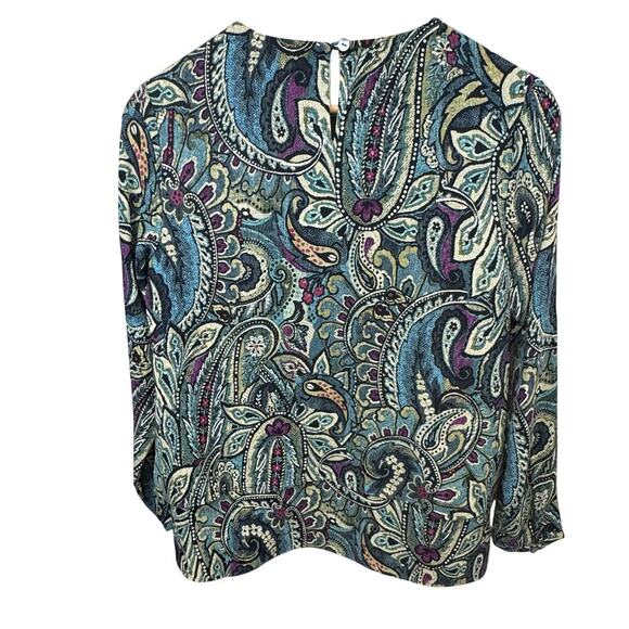 J Jill Long Sleeve Carmine Blouse Teal Green Paisley Double Layer Hem Women's XS - Picture 7 of 9